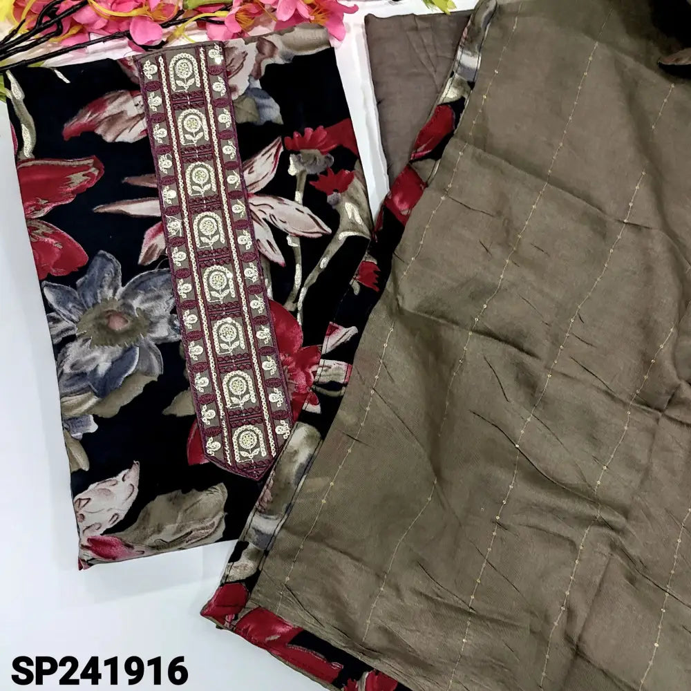 CODE SP241916: Black floral printed fancy silk cotton unstitched salwar material embroidery& sequins work
