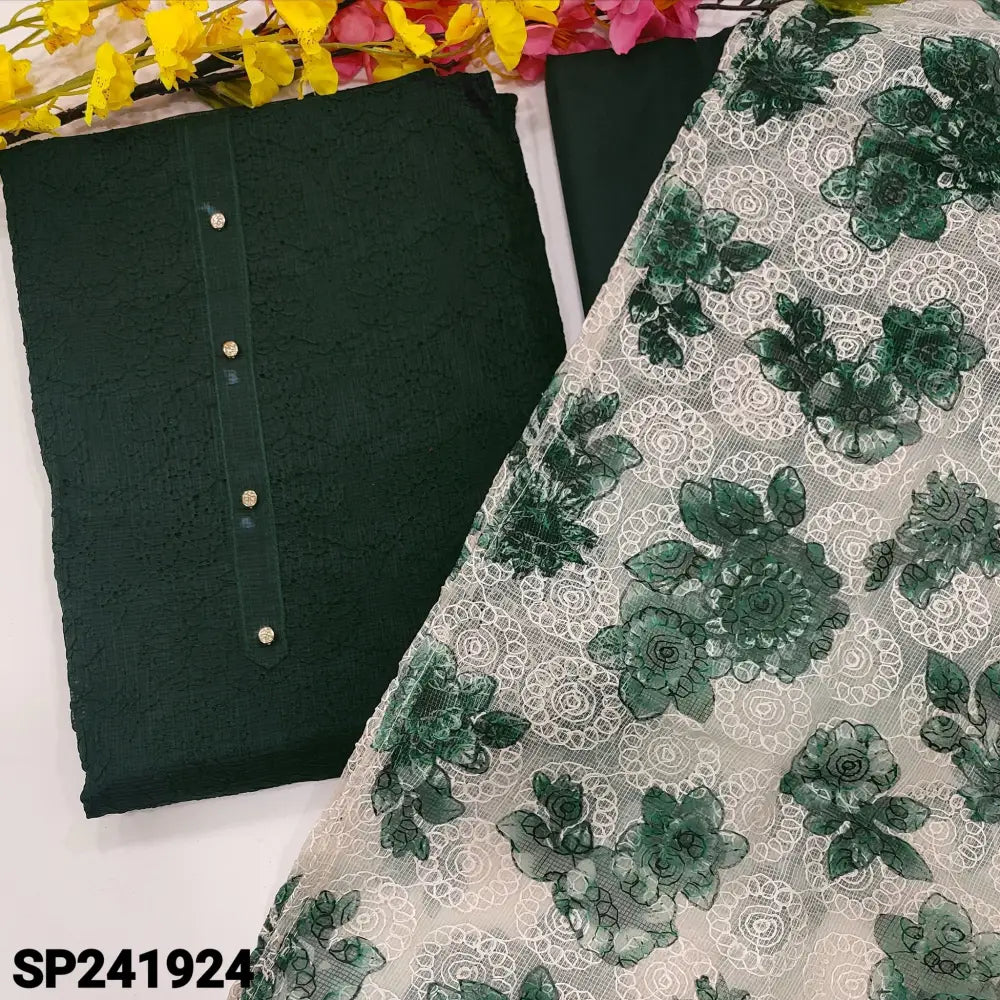 CODE SP241924: Dark green fancy kota unstitched salwar material fancy buttons on yoke self embroidered all over(netted