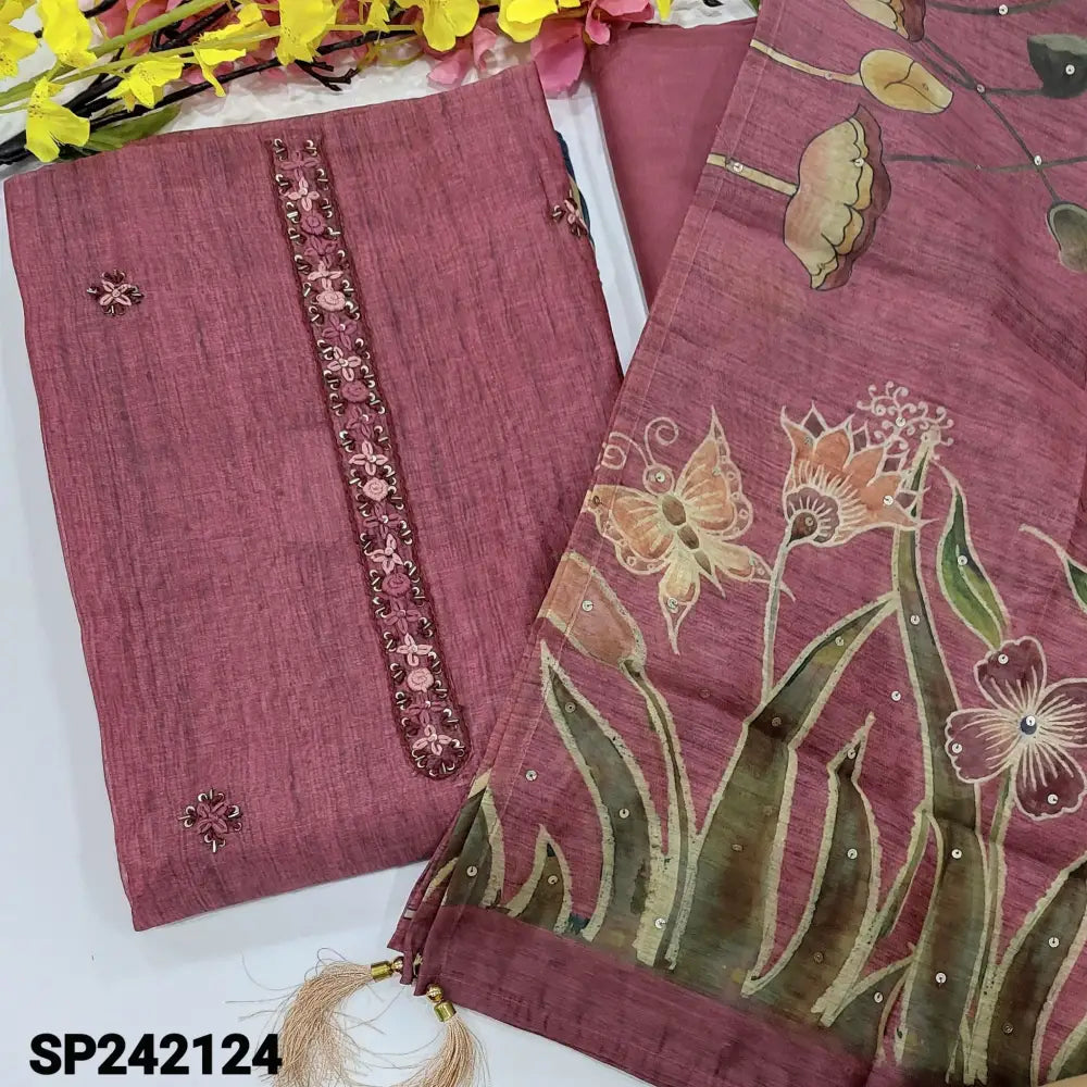CODE SP242124: Pink digital printed silk cotton unstitched salwar material rich hand embroidered on yoke& front(thin