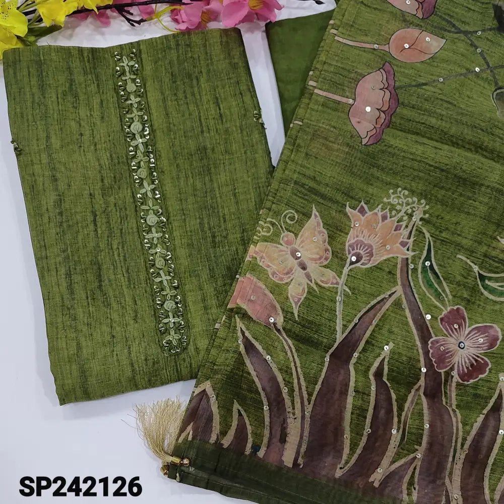 CODE SP242126: Mossy green digital printed silk cotton unstitched salwar material rich hand embroidered on yoke&