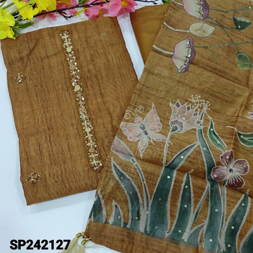 CODE SP242127: Honey brown digital printed silk cotton unstitched salwar material rich hand embroidered on yoke&
