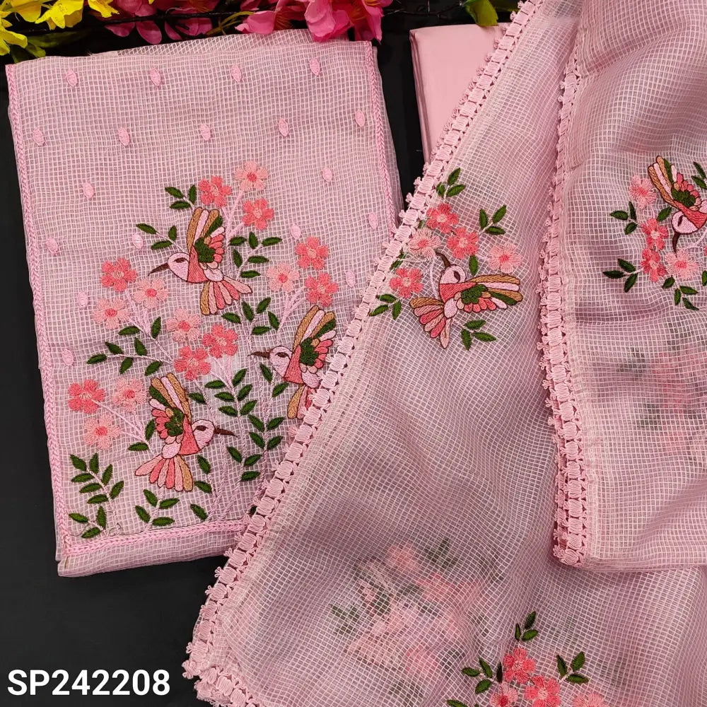 CODE SP242208: Pastel pink fancy super net unstitched salwar material rich bird embroidered on yoke(netted fabric