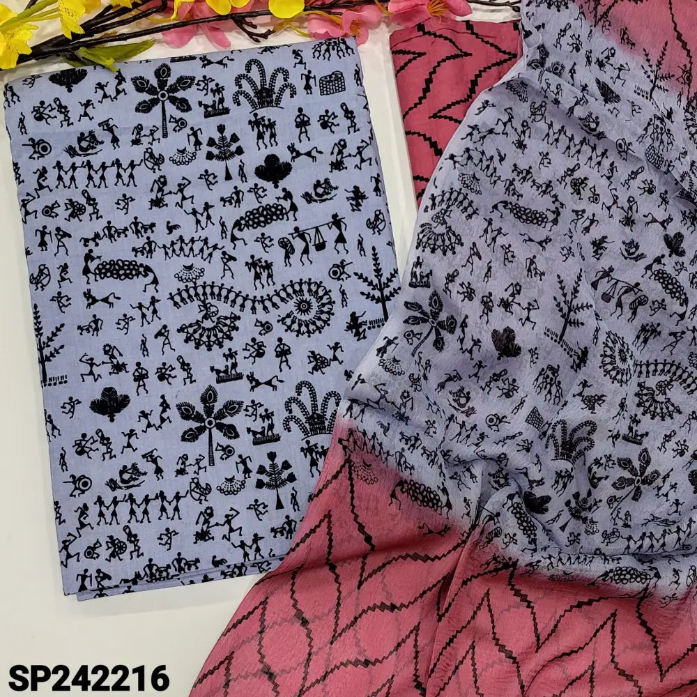 CODE SP242216: Powder blue warli printed pure soft cotton unstitched salwar material(lining optional)pink zigzag