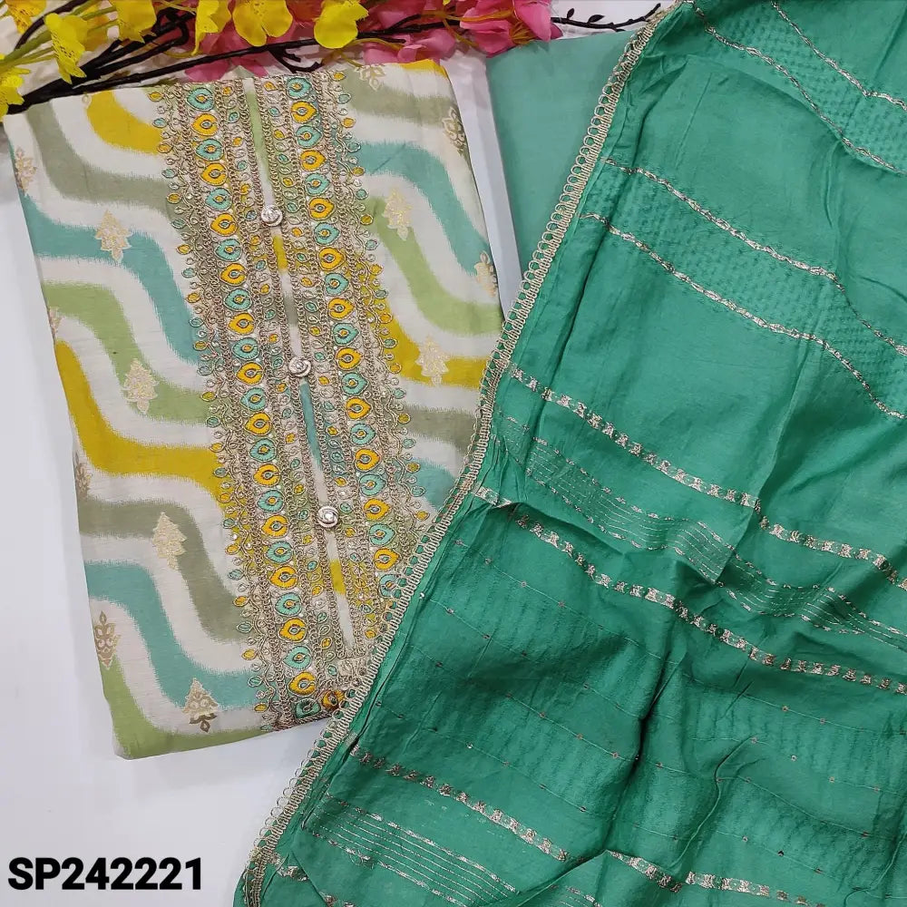 CODE SP242221: Multi color gold foil printed modal maslin unstitched salwar material heavy work on yoke(lining