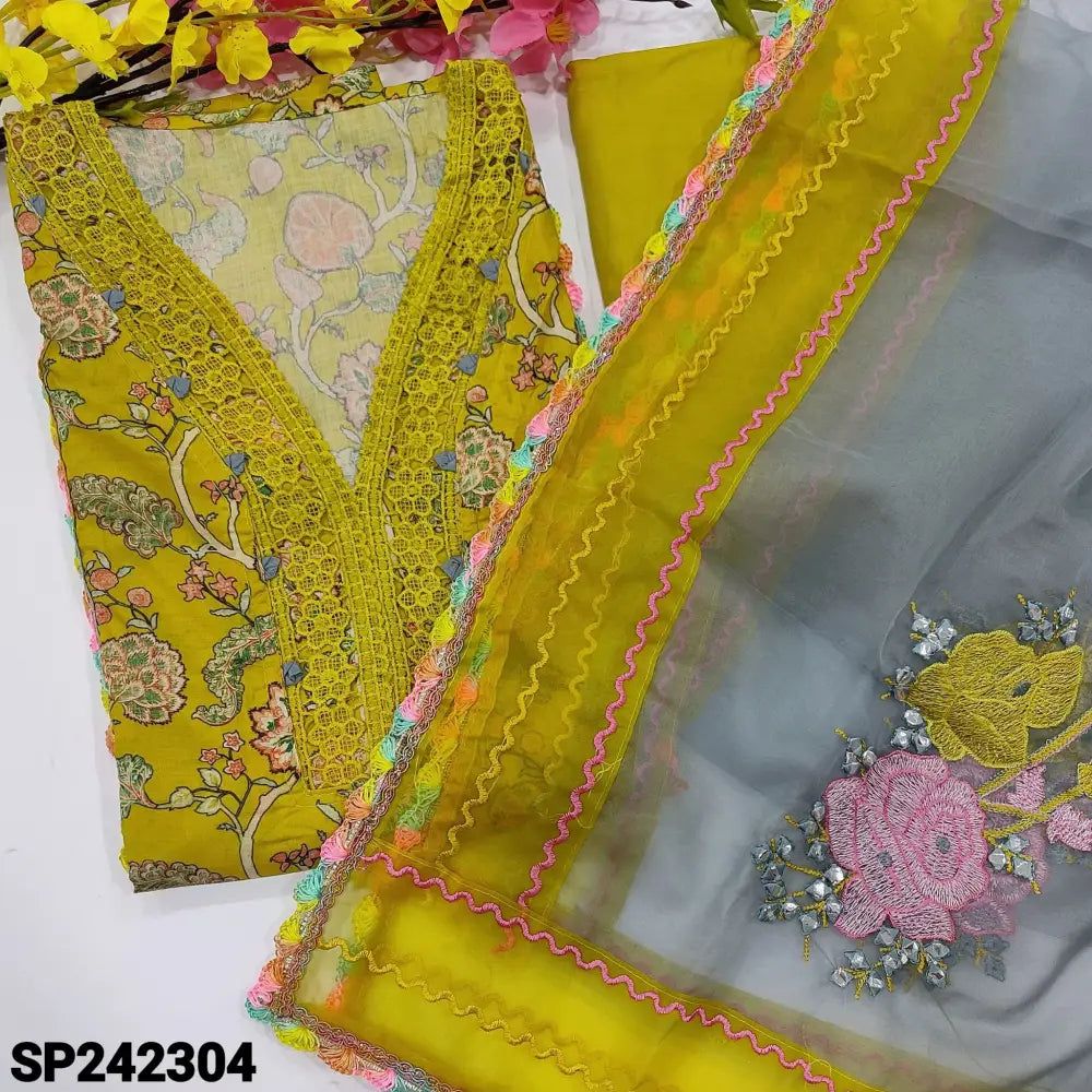 CODE SP242304: Mehandhi yellow designer printed premium glazed cotton unstitched salwar material v neck with lace work