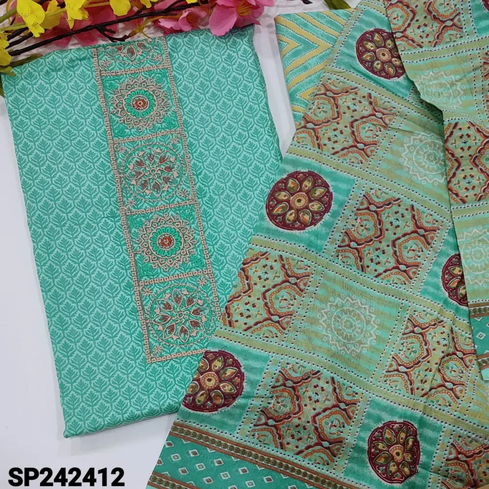 CODE SP242412: Pastel blue printed soft cotton unstitched salwar material embroidered on yoke(lining needed)zigzag