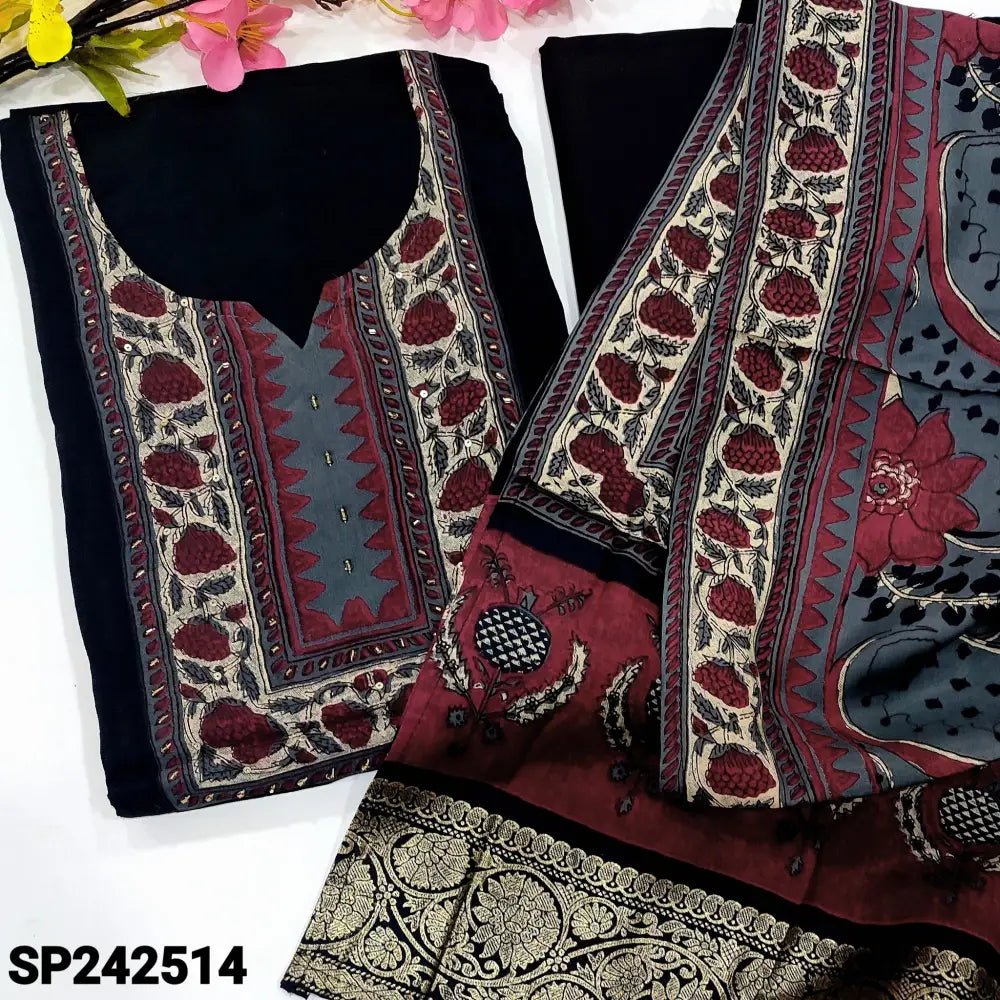 CODE SP242514: Black liquid fabric unstitched salwar material ajrak printed yoke with bead work(lining needed)matching