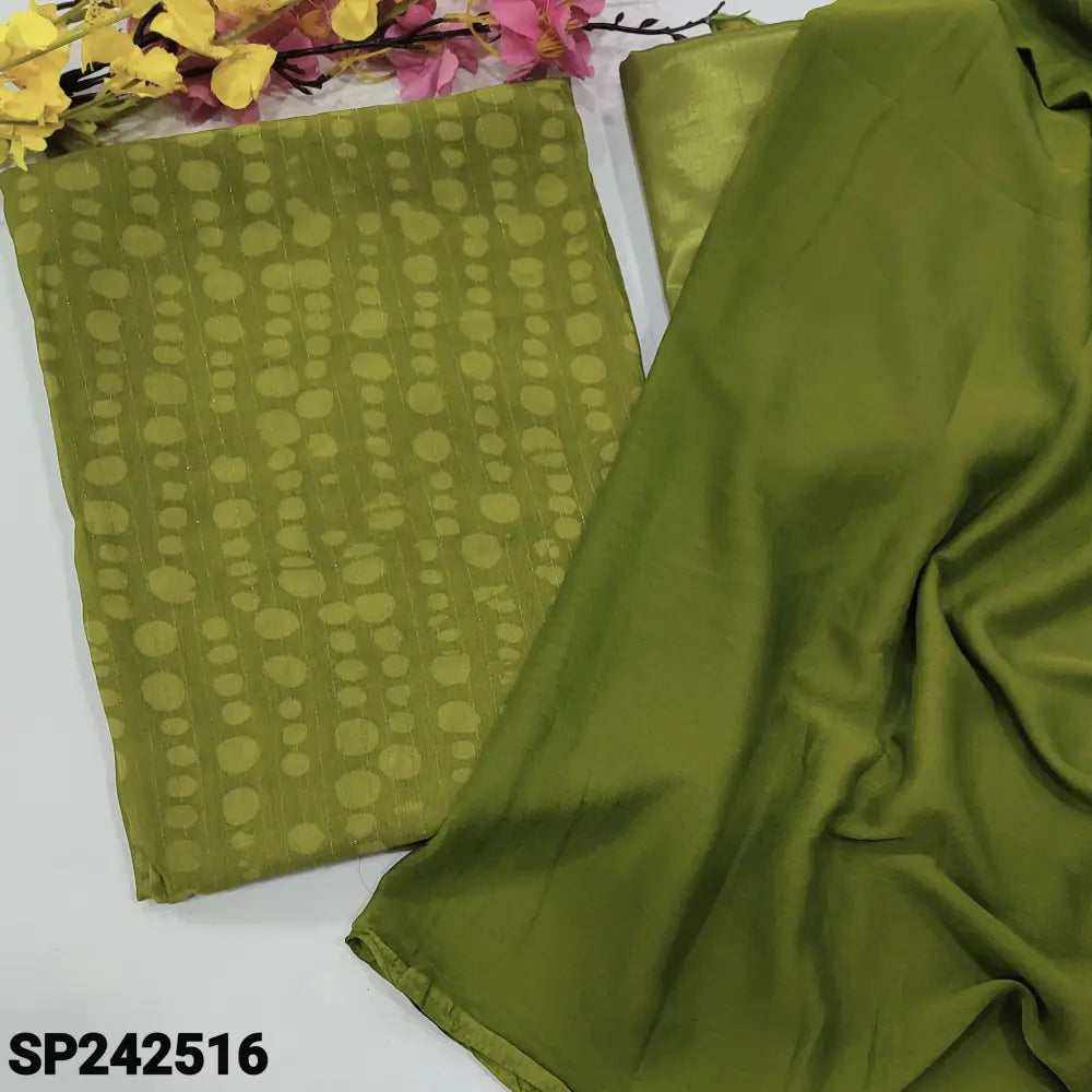 CODE SP242516: Mossy green printed semi georgette unstitched salwar material thin zari line all over(thin fabric lining