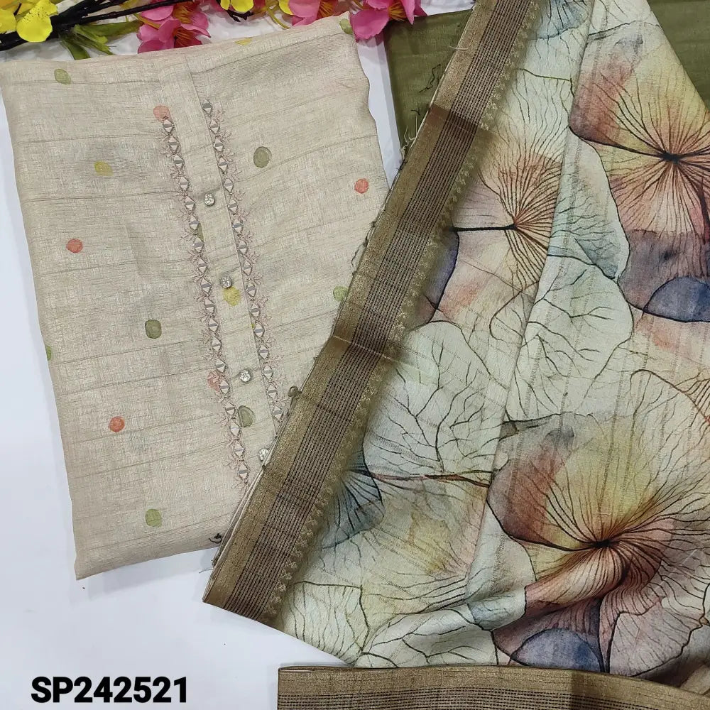 CODE SP242521: Beige semi gicha textured silk cotton unstitched salwar material fancy buttons& real mirror work on yoke