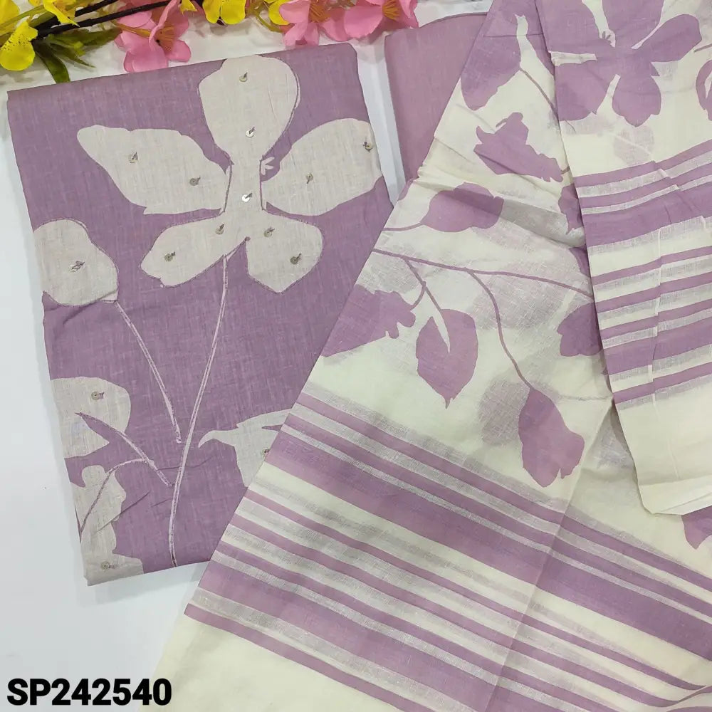 CODE SP242540: Mauve printed soft cotton unstitched salwar material thread& sequins work on front(lining