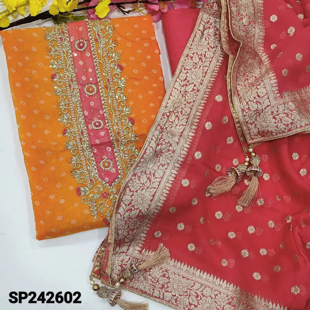 CODE SP242602: Orange& bright pink bandhini printed pure organza unstitched salwar material heavy work on yoke(thin