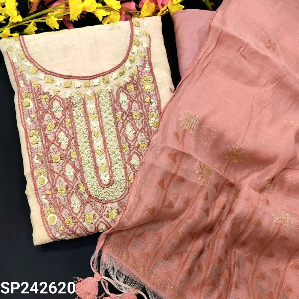 CODE SP242620: Beige jamdani woven premium slub silk cotton unstitched salwar material heavy hand embroidered