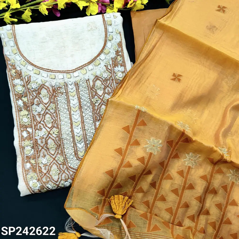 CODE SP242622: Beige jamdani woven premium slub silk cotton unstitched salwar material heavy hand embroidered