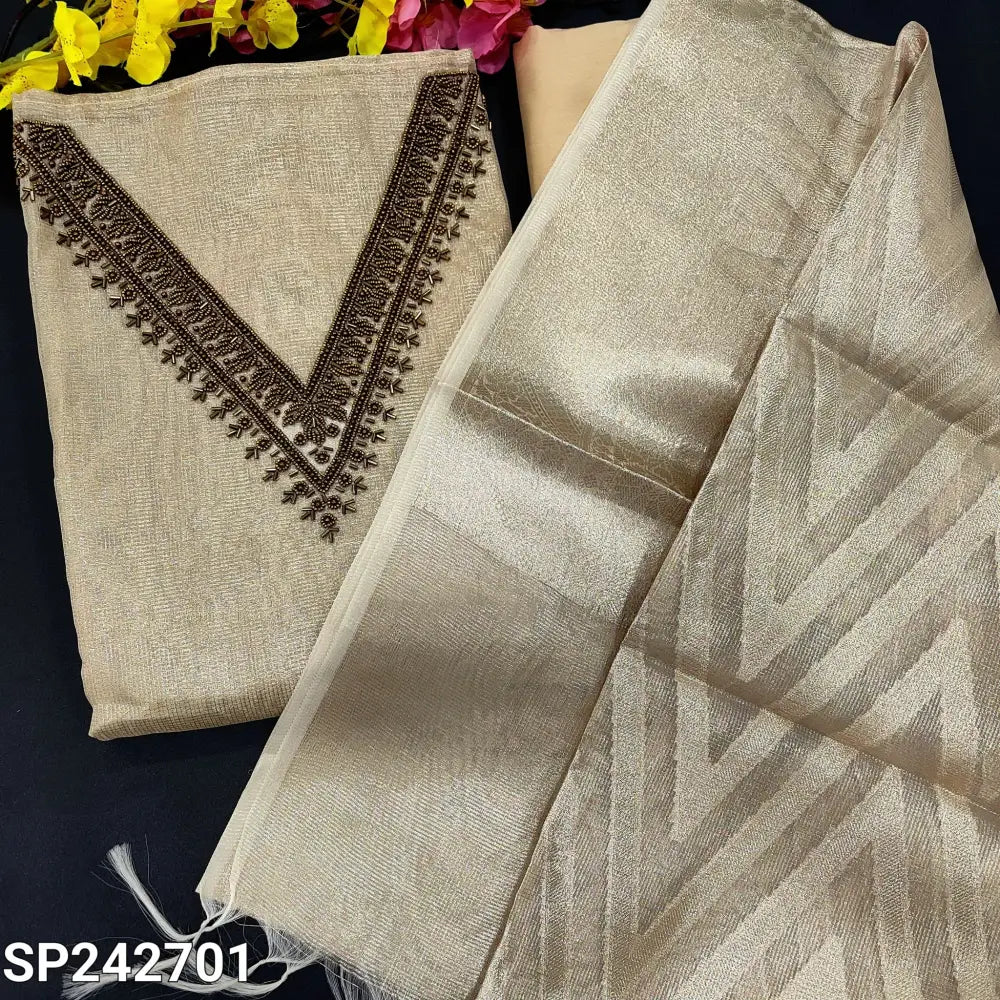 CODE SP242701: Golden beige premium tissue silk cotton unstitched salwar material v neck with heavy bead work(thin