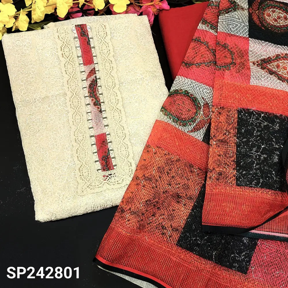 CODE SP242801: Half white fancy super net unstitched salwar material real mirror& fancy lace work on yoke self