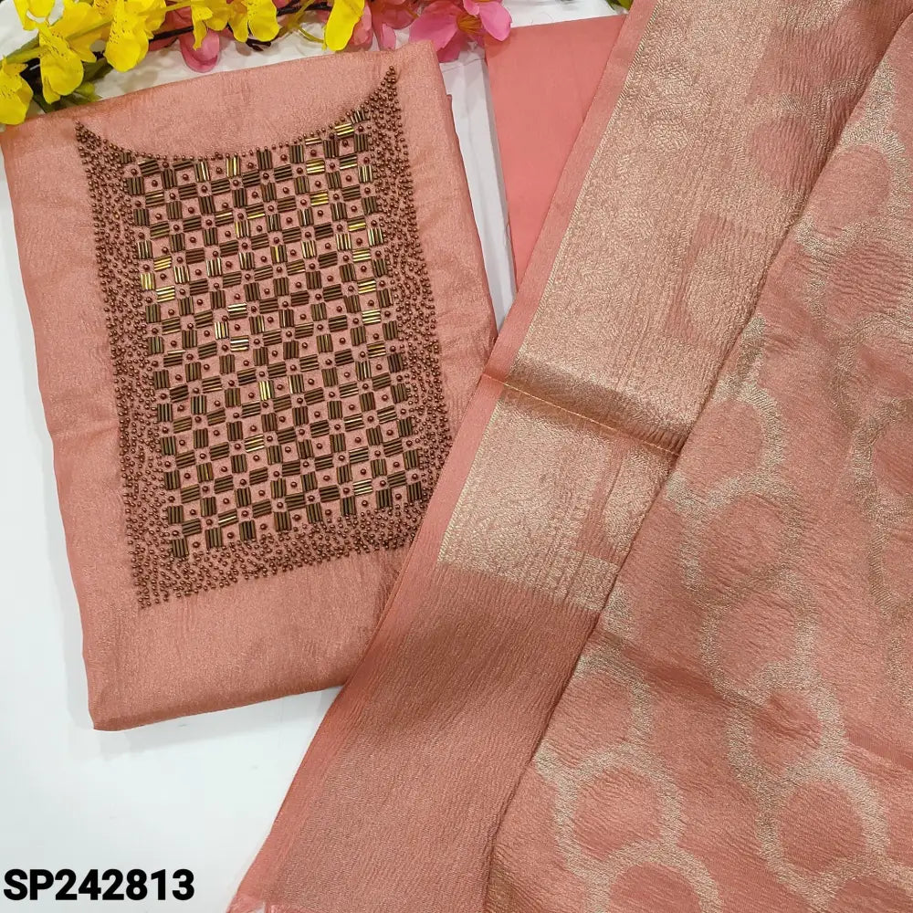 CODE SP242813: Peachish pink with golden tint crinkled tissue silk cotton unstitched salwar material heavy bead work