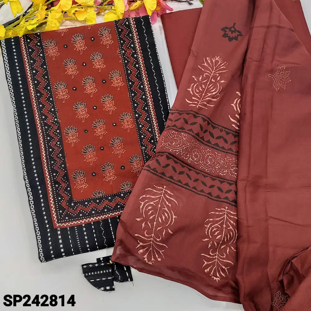 CODE SP242814: Black premium handloom cotton unstitched salwar material ajrak yoke patch faux mirror work thread woven