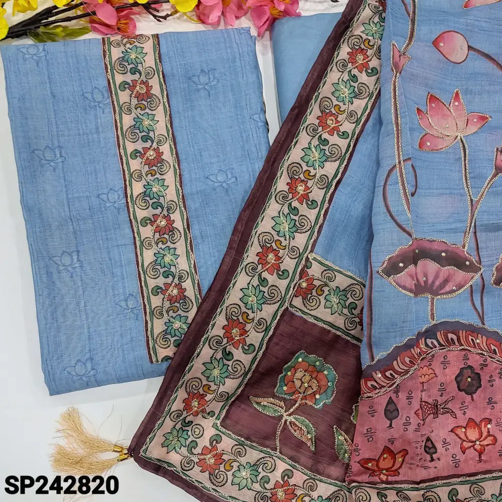 CODE SP242820: Powder blue digital printed silk cotton unstitched salwar material printed yoke with zari& sequins