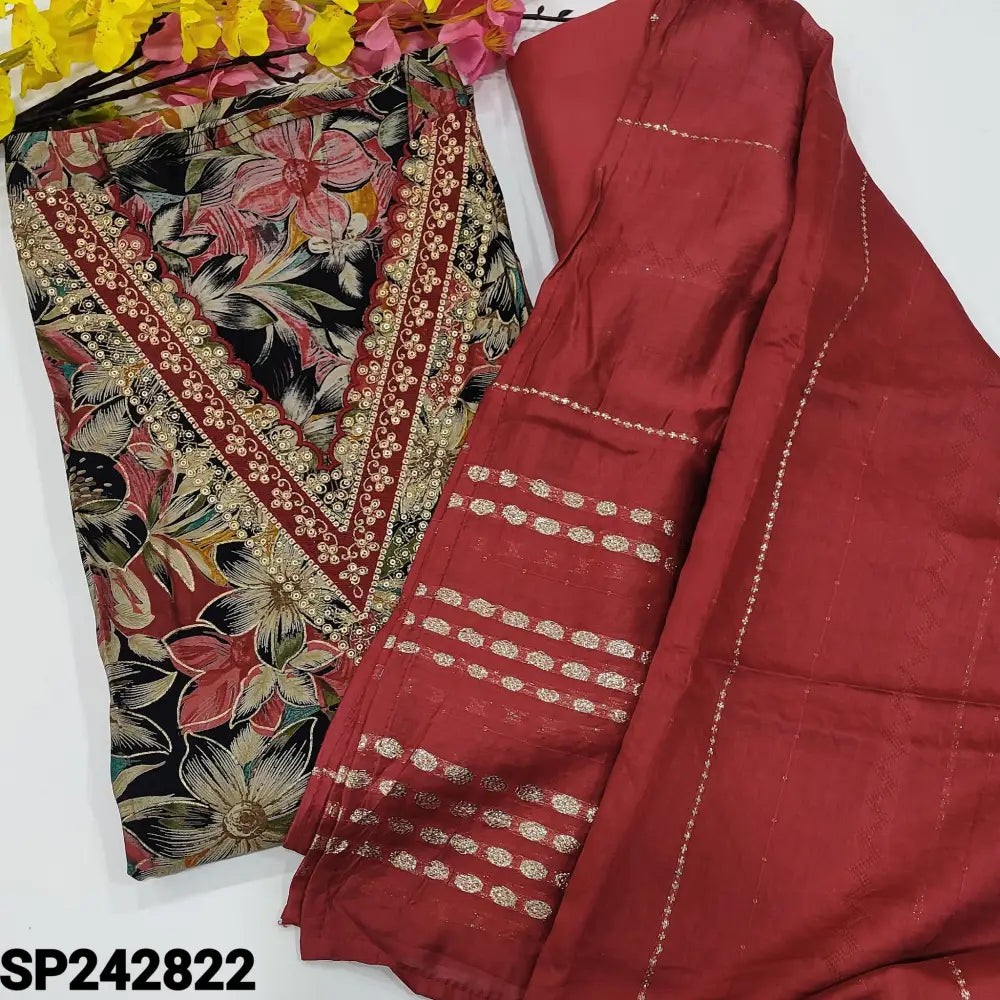 CODE SP242822: Black base floral printed modal maslin unstitched salwar material v neck with zari &sequins work(lining