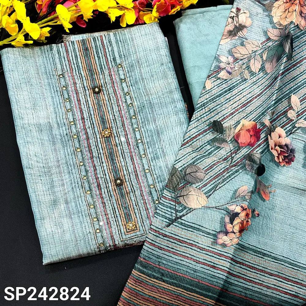 CODE SP242824: Pastel blue with golden tint digital printed tissue silk cotton unstitched salwar material faux mirror&