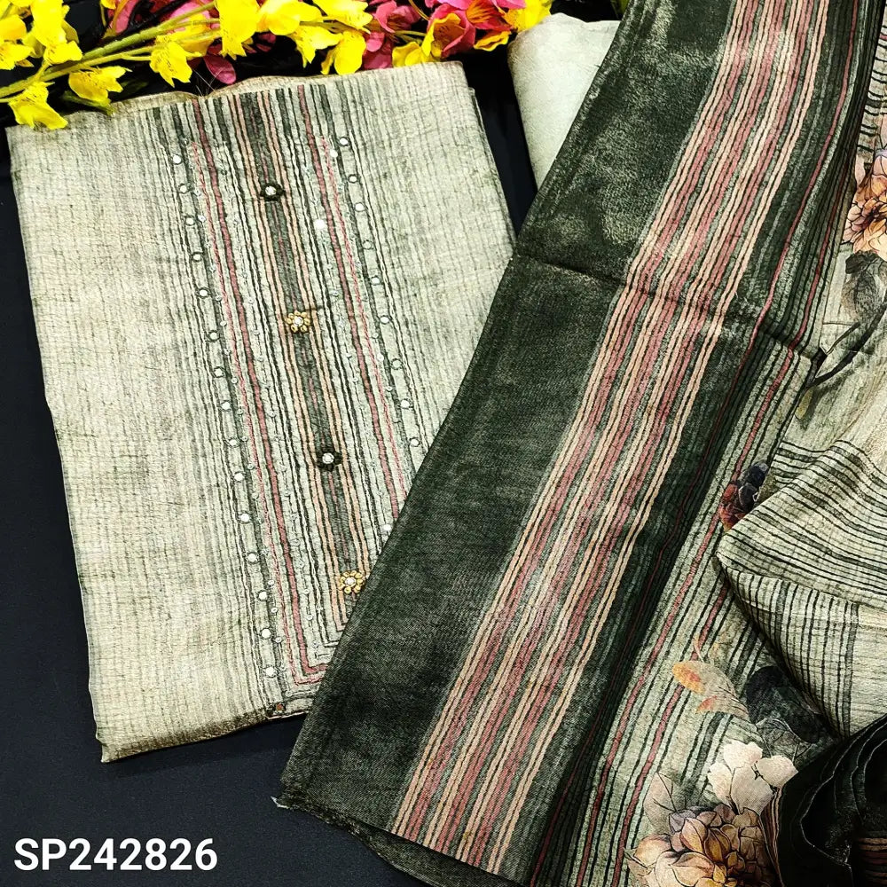 CODE SP242826: Pale green with golden tint digital printed tissue silk cotton unstitched salwar material faux mirror&