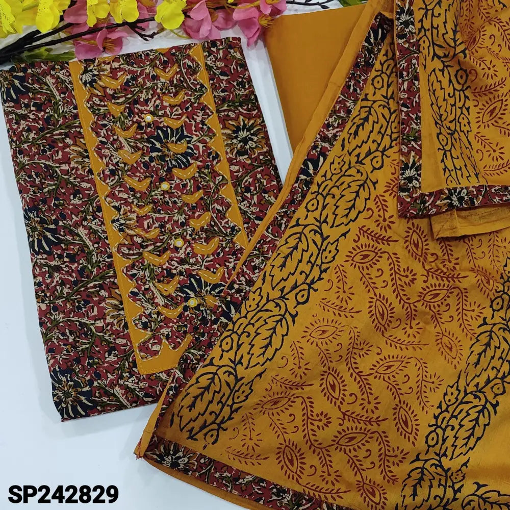 CODE SP242829: Reddish maroon kalamkari printed soft cotton unstitched salwar material applique work on yoke(lining