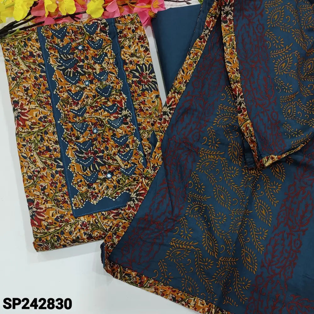 CODE SP242830: Mehandhi yellow kalamkari printed soft cotton unstitched salwar material applique work on yoke(lining