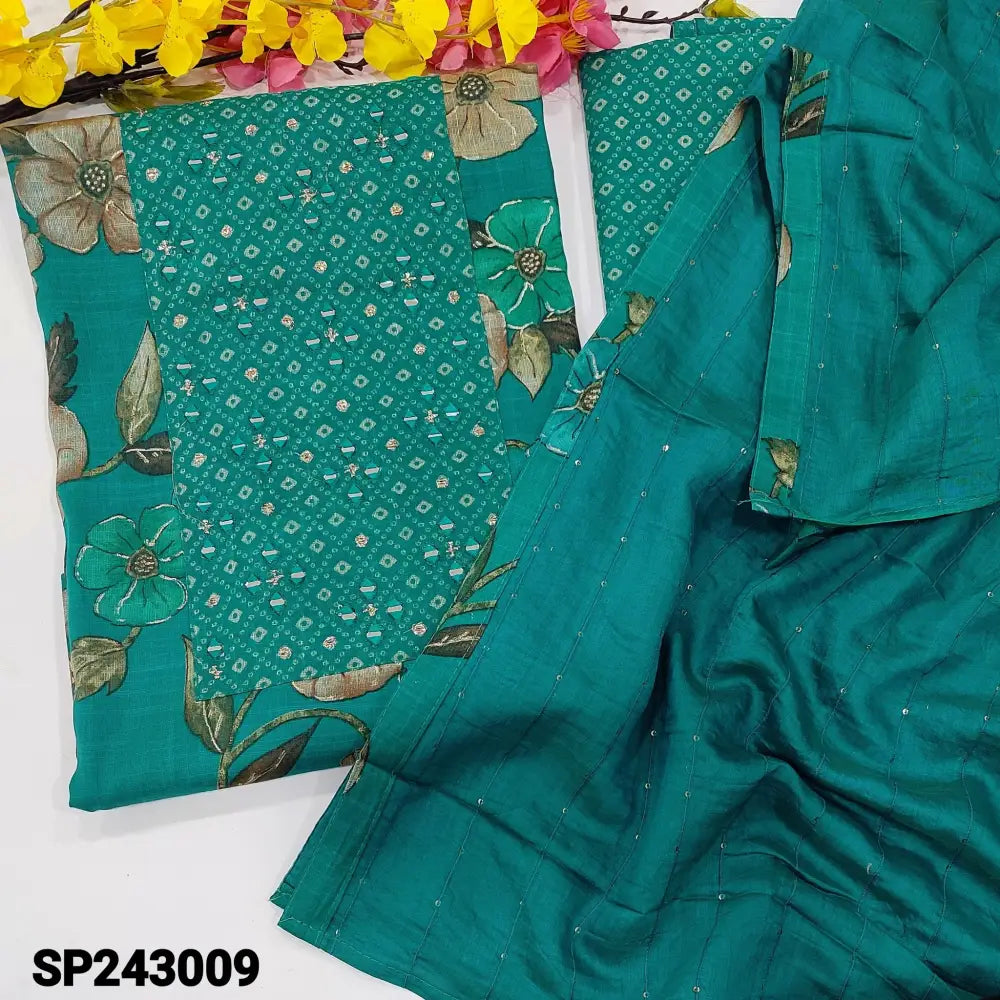 CODE SP243009: Turquoise blue floral printed liquid fabric unstitched salwar material real mirror work on yoke(lining