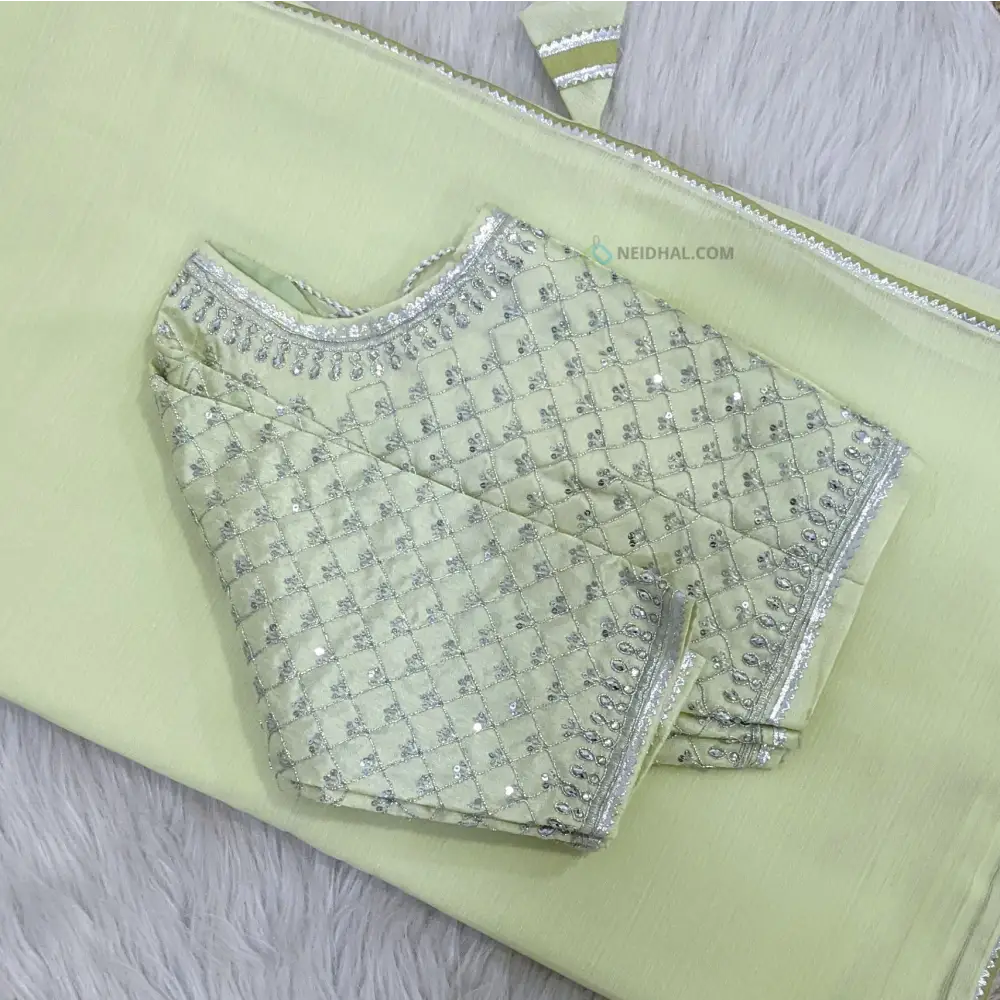 CODE WS1114: Pastel green fancy chiffon plain saree(check description for full details)