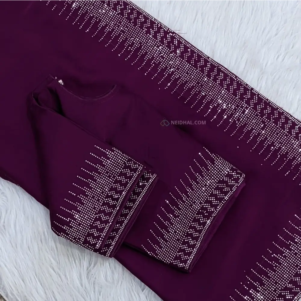 CODE WS1133: Dark wine purple designer crepe silk saree with heavy and neat dew drop stone work for borders and pallu