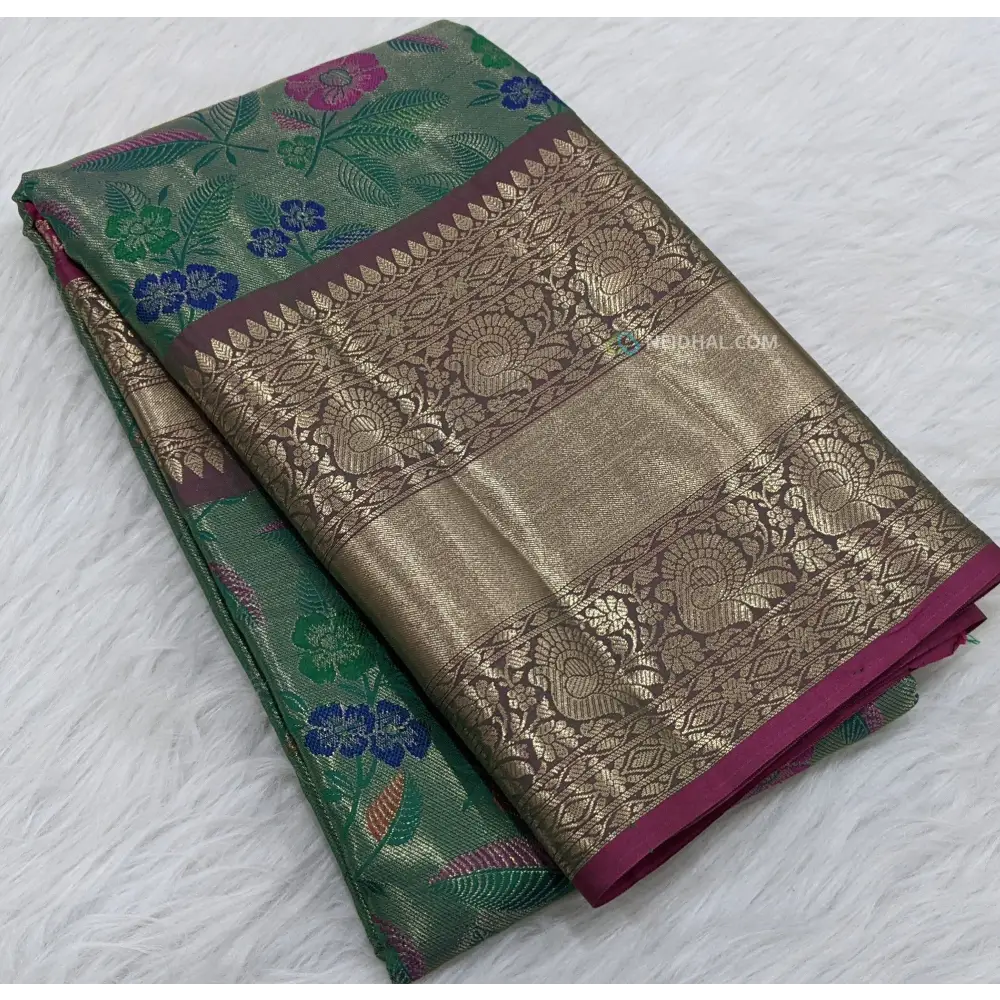 CODE WS256: turquoise green and gold soft tissue silk saree with meenakaari zari woven design,contrast double shaded