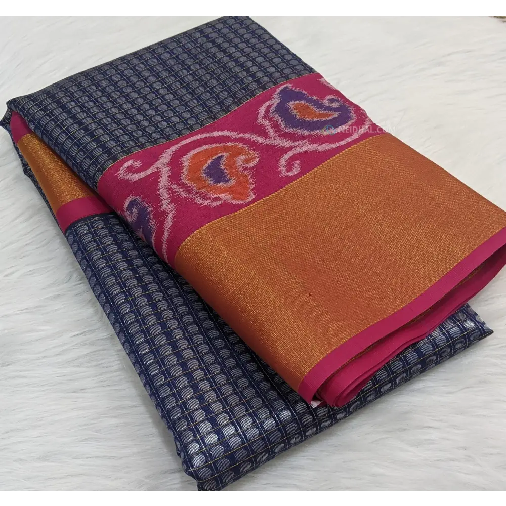 CODE:WS66 Dark blue kuppadam silk cotton saree with contast pink ikat woven gold kadi border (9 inches),silver zari