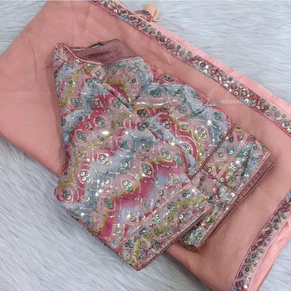 CODE WS852: Peach metallic chiffon saree (Blouse measurements: height: 15 inches width: 20 inches fits upto size 40 L