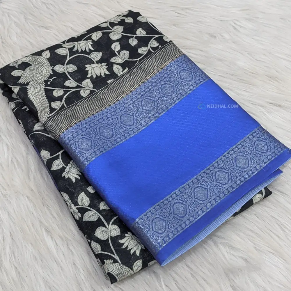 CODE WS856: Black base kalamkari printed pure kotas silk saree with contrast ink blue gap borders (lightweight) peacock