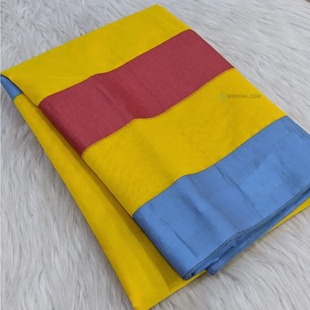 CODE WS858: Bright sunshine yellow slub silk cotton saree with mutli-coloured stripes pallu with fancy tassels running