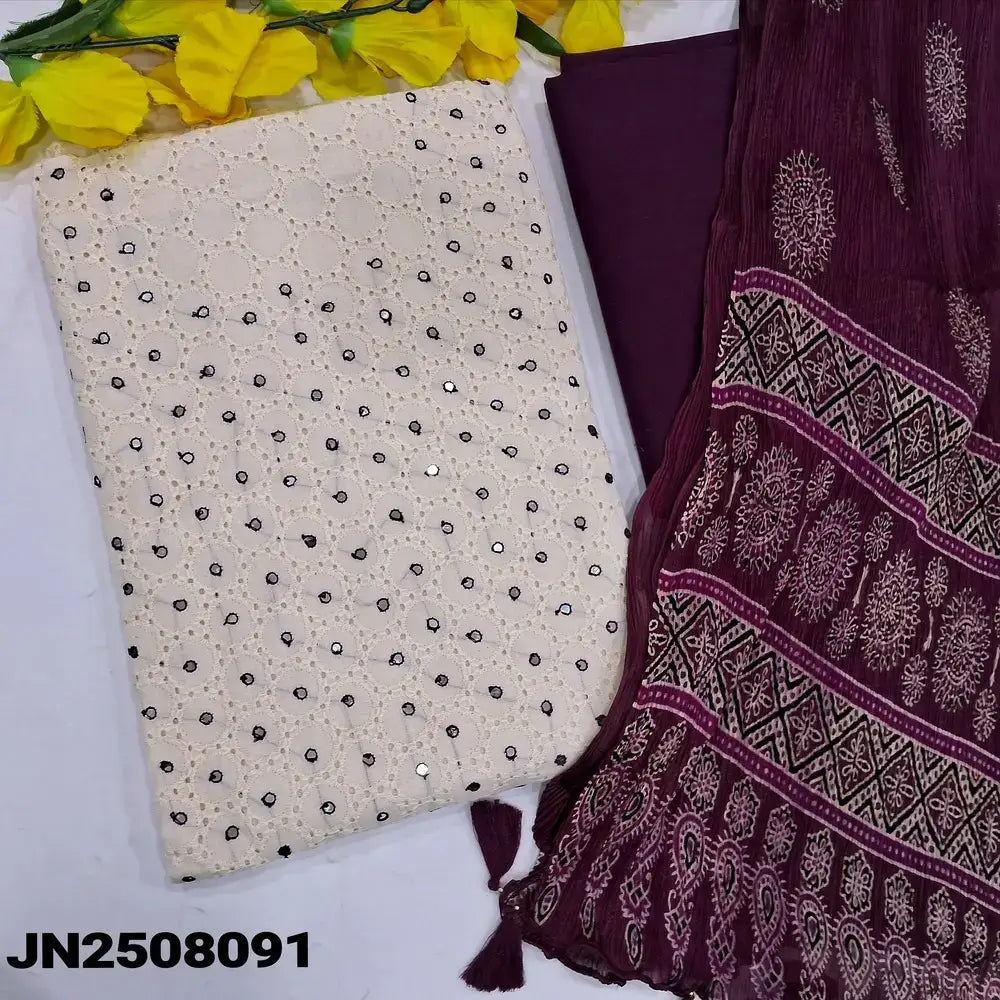 Pastel blue chikankari embroidered pure cotton unstitched salwar material, sequins work on front(thin fabric, lining needed)matching cotton bottom, embroidered chiffon dupatta. Code MY251217 main image 1