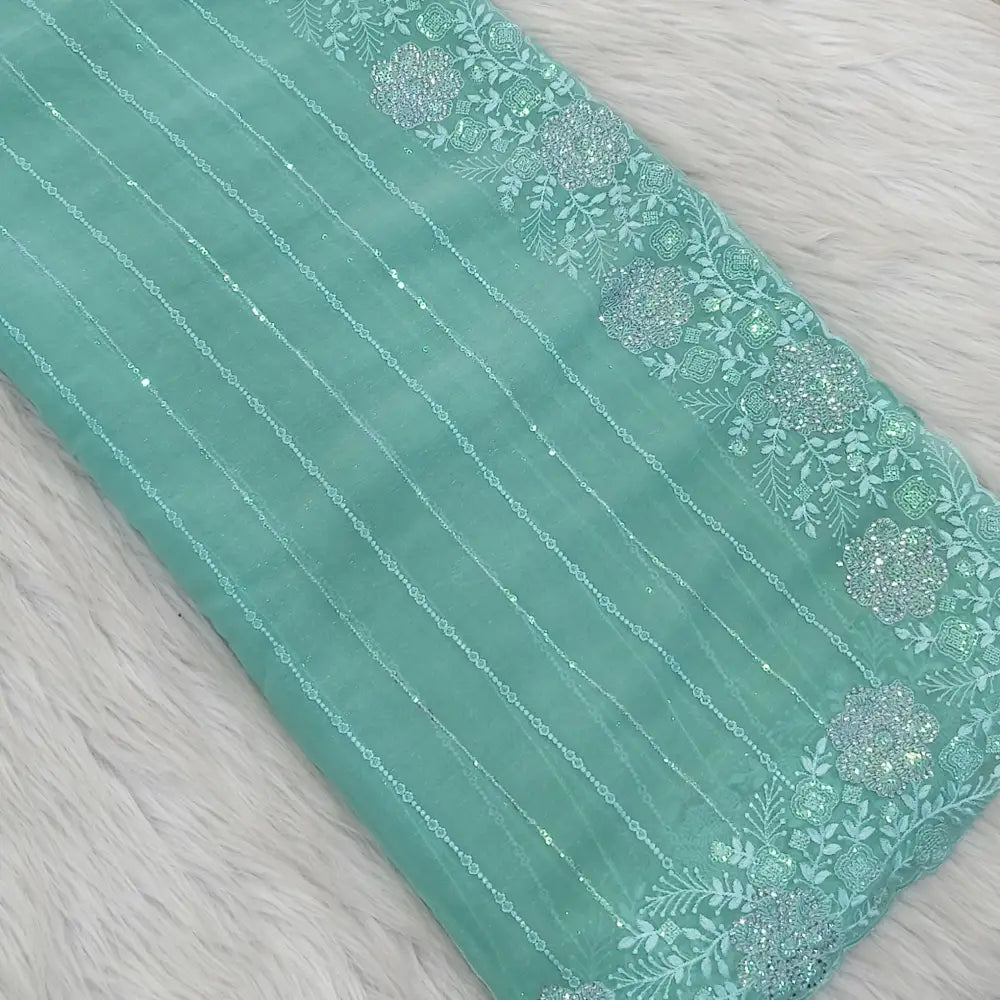 CODE WS1362: Turquoise green Beautiful metal chiffon saree thread and sequins work all over heavy borders