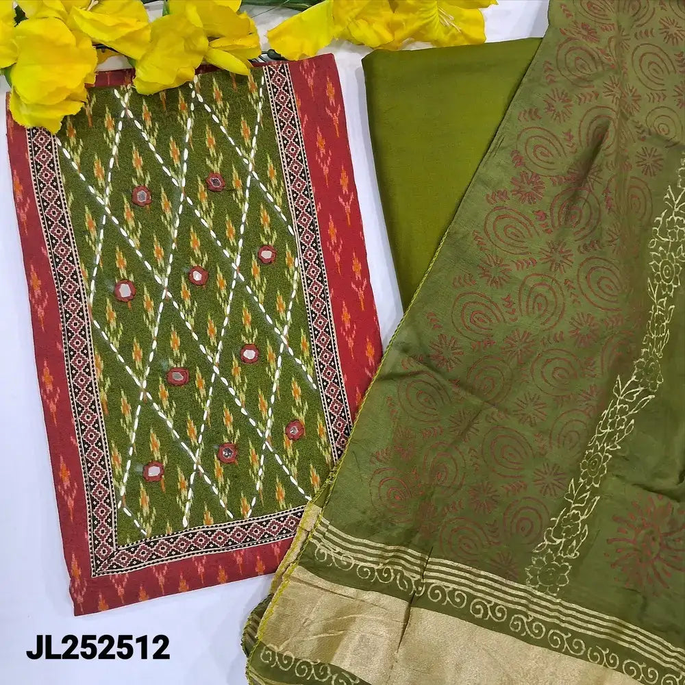 Mehandhi yellow floral printed premium soft cotton unstitched salwar material, kantha stitch and sequins work on front(lining optional)printed cotton bottom,printed cotton bottom,printed mul cotton dupatta with lace tapping. AP262717 main image 0