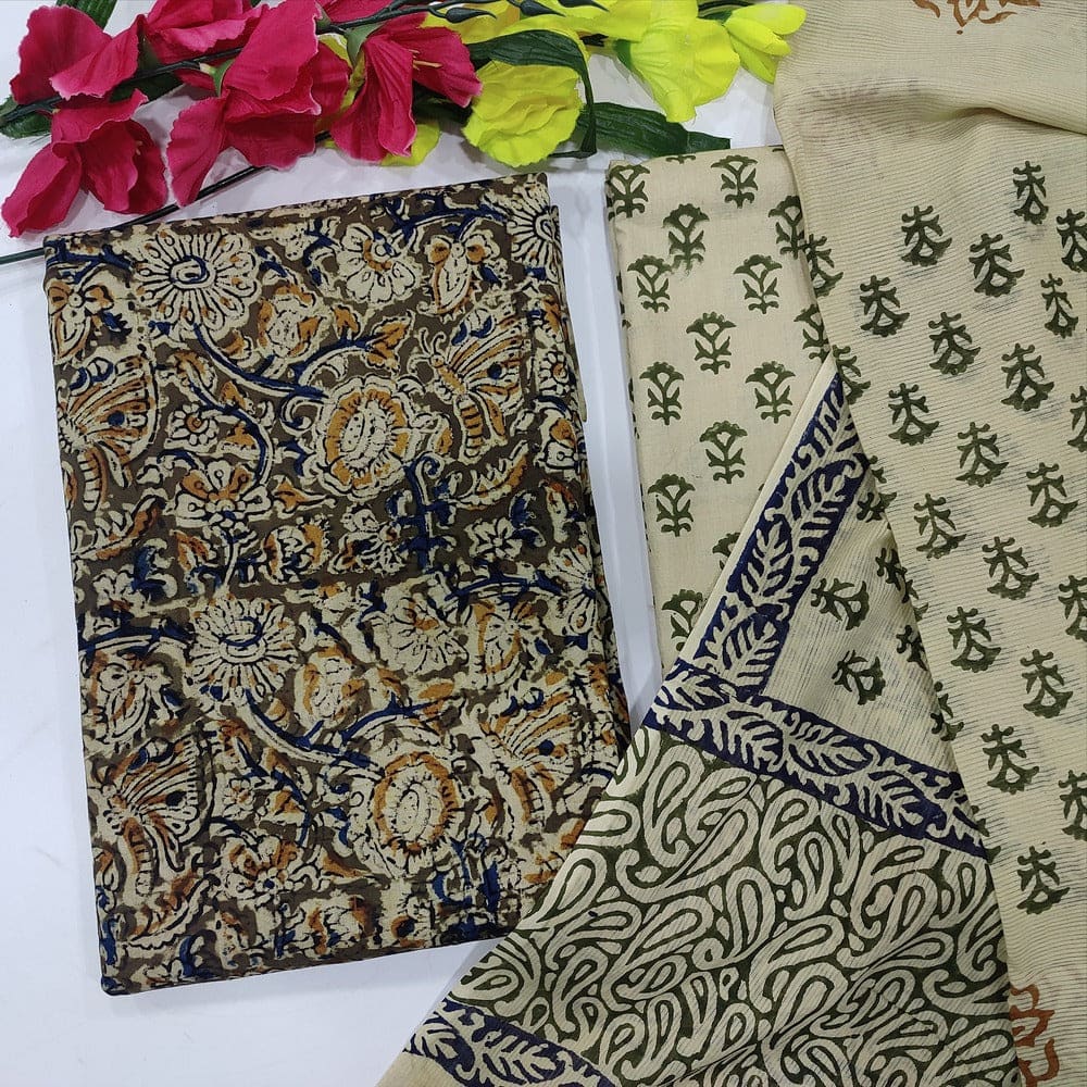 Olive green kalamkari printed cotton salwar material-Neidhal