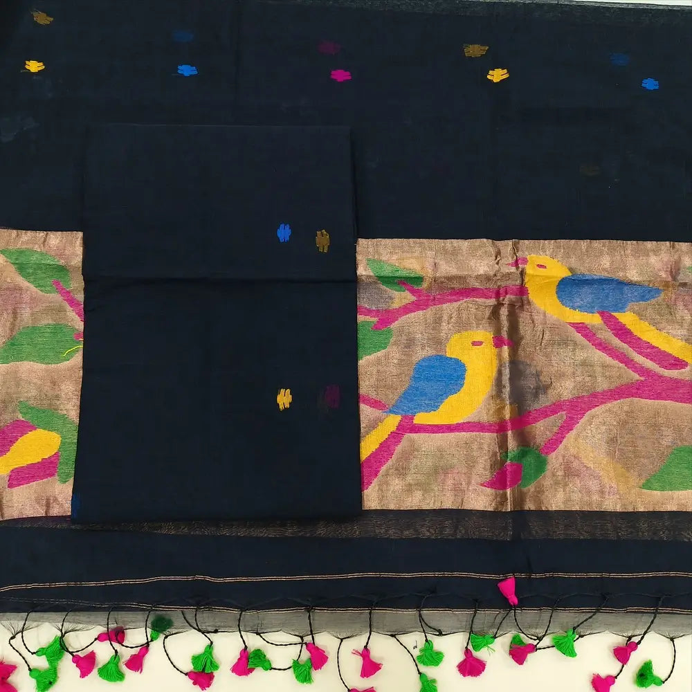 Black muslin jamdani unstitched salwar material, hand woven design all over(thin, lining needed)hand woven muslin jamdani full length dupatta with rich paithani weaving pallu& hand made tassels. CODE SP250225