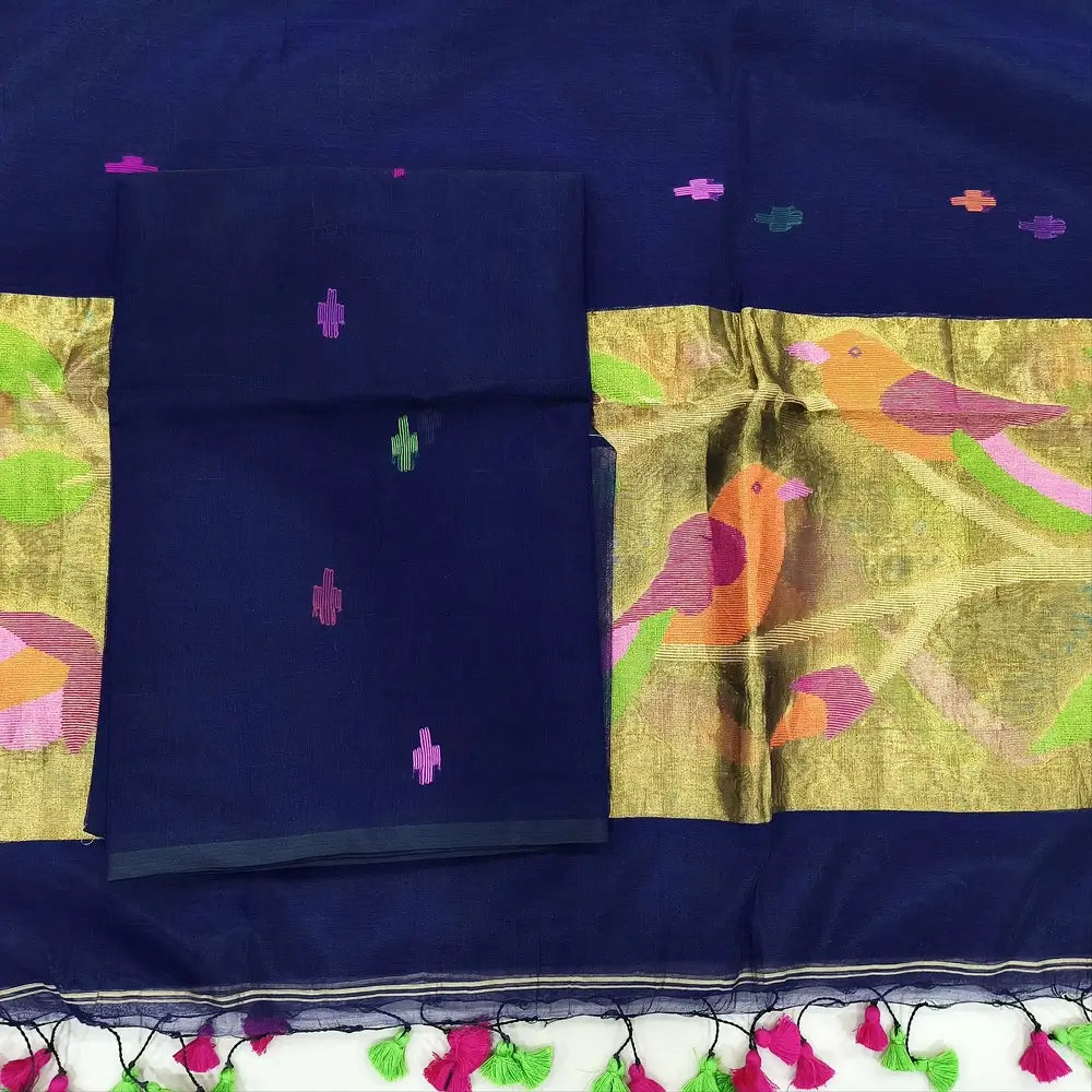 PREORDER: SHIPPING IN 1 WEEK Navy blue muslin jamdani unstitched salwar material, hand woven design all over(thin, lining needed)hand woven muslin jamdani full length dupatta with rich paithani weaving pallu& hand made tassels. CODE SP250226
