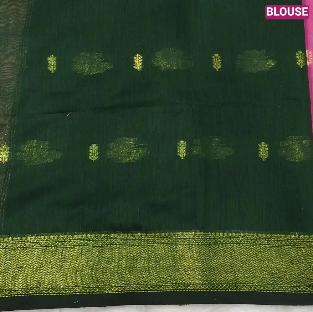 Lotus pink with bottle green Traditional zari woven silk cotton saree, double side borders, contrast thread woven pallu, thread woven running blouse with borders. NS17