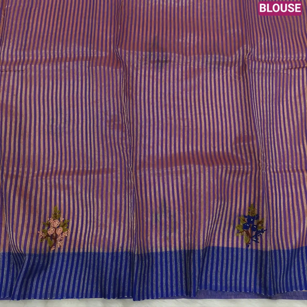 Designer Peachish pink premium slub silk cotton saree, rich hand embroidery work on body and pallu, matching zari tissue striped blouse. NS12