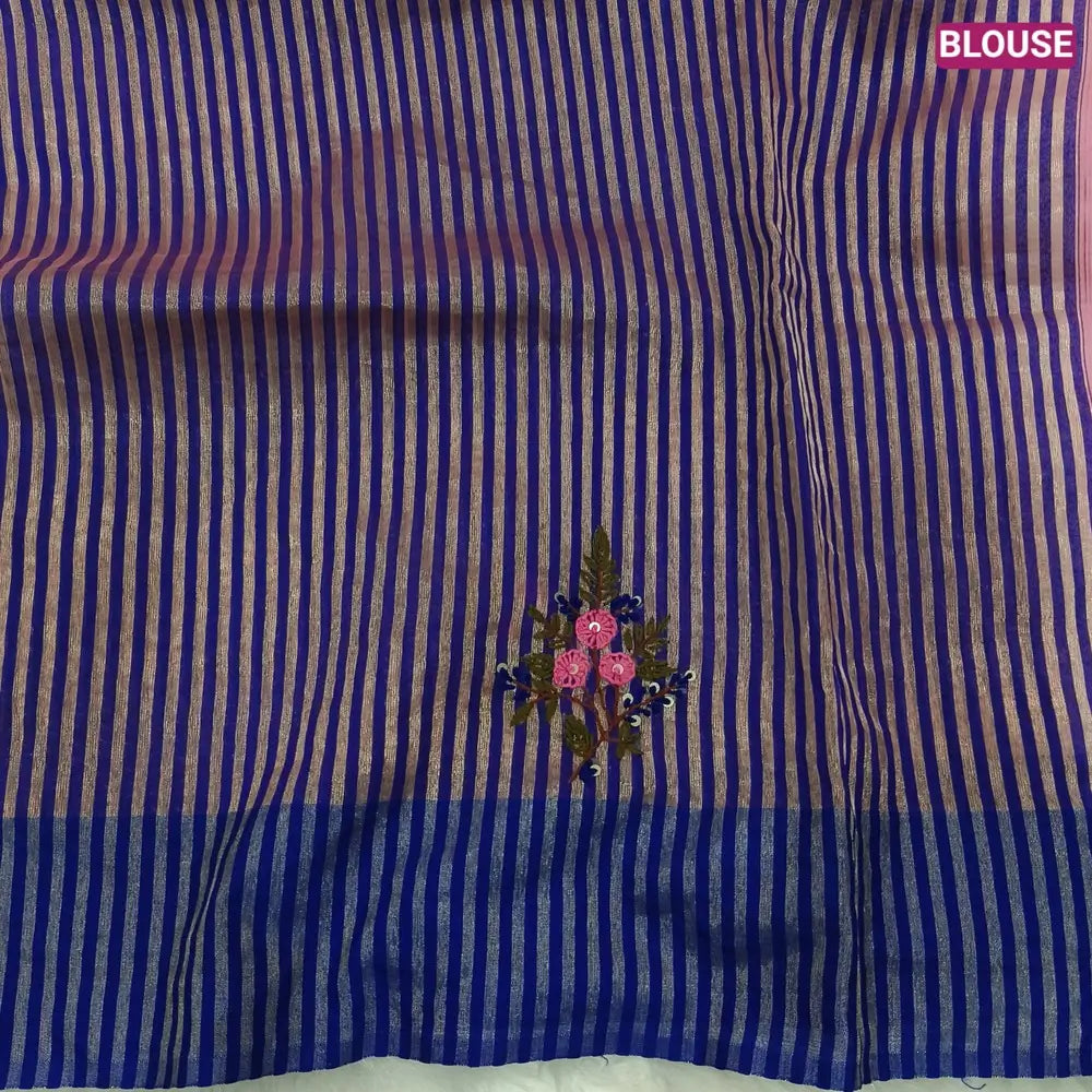 Designer peach premium slub silk cotton saree, rich hand embroidery work on body and pallu, matching zari tissue striped blouse. NS10