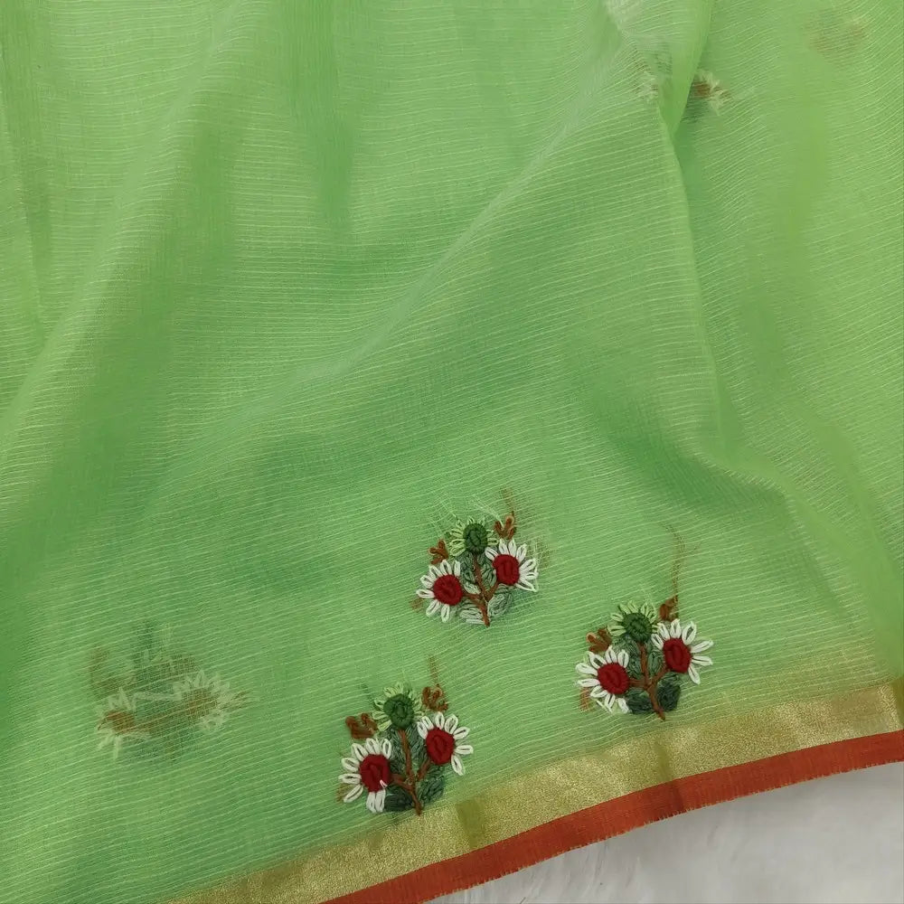 Leafy green Premium kota silk cotton embroidered saree (lightweight, thin, soft), double side thin tissue borders, heavy embroidered pallu with tissue stripes, blouse with embroidery. NS28