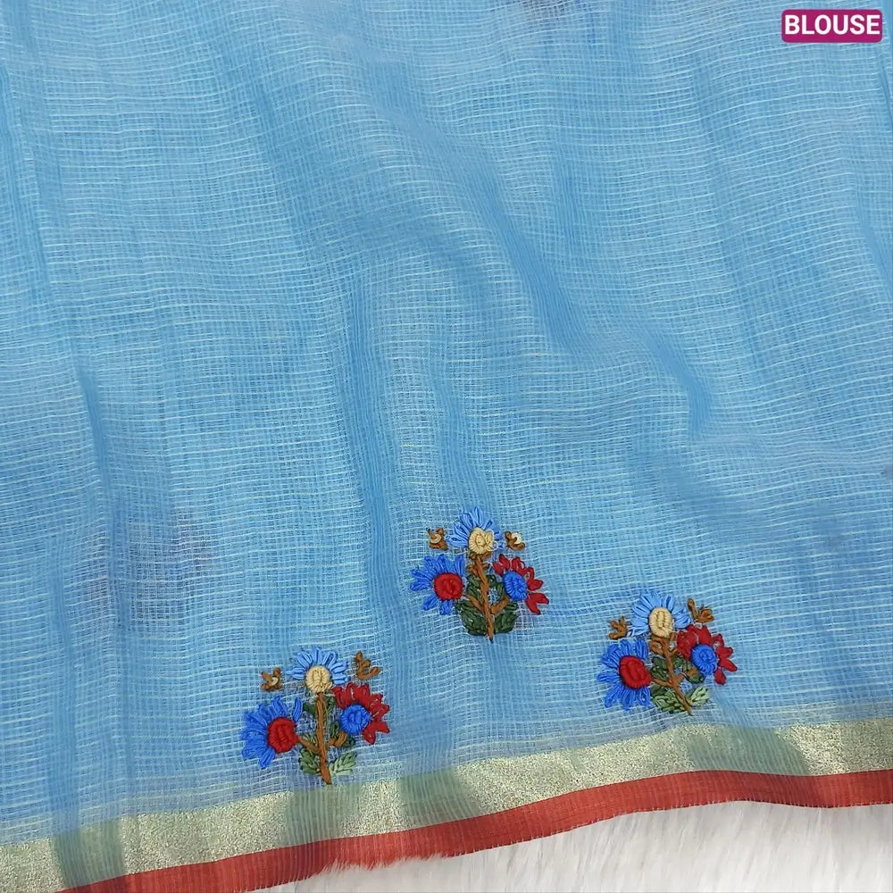 Blue Premium kota silk cotton embroidered saree (lightweight, thin, soft), double side thin tissue borders, heavy embroidered pallu with tissue stripes, blouse with embroidery. NS30