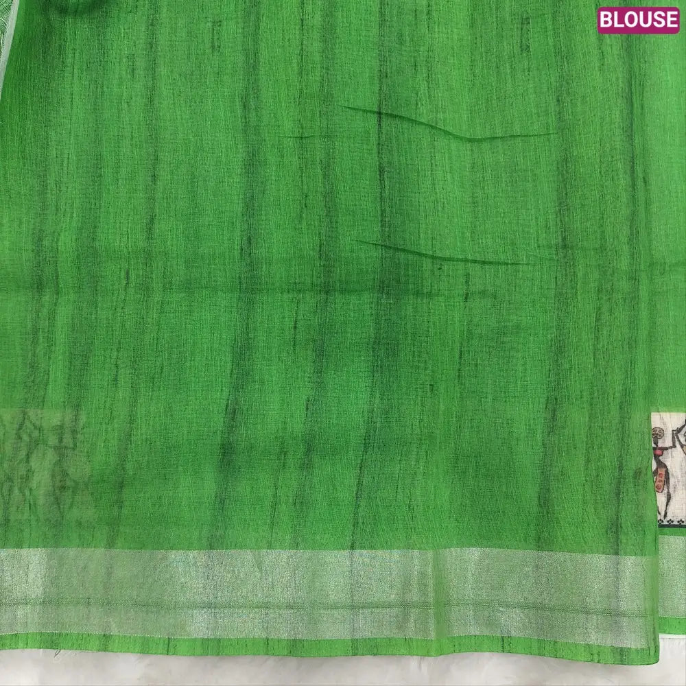 Parrot Green semi linen saree(thin& light weight) warli print& silver tissue on borders, warli printed pallu with tassels, plain running blouse with silver tissue borders. NS35