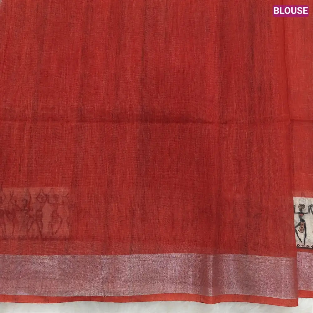 Brick Red semi linen saree(thin& light weight) warli print& silver tissue on borders, warli printed pallu with tassels, plain running blouse with silver tissue borders. NS39