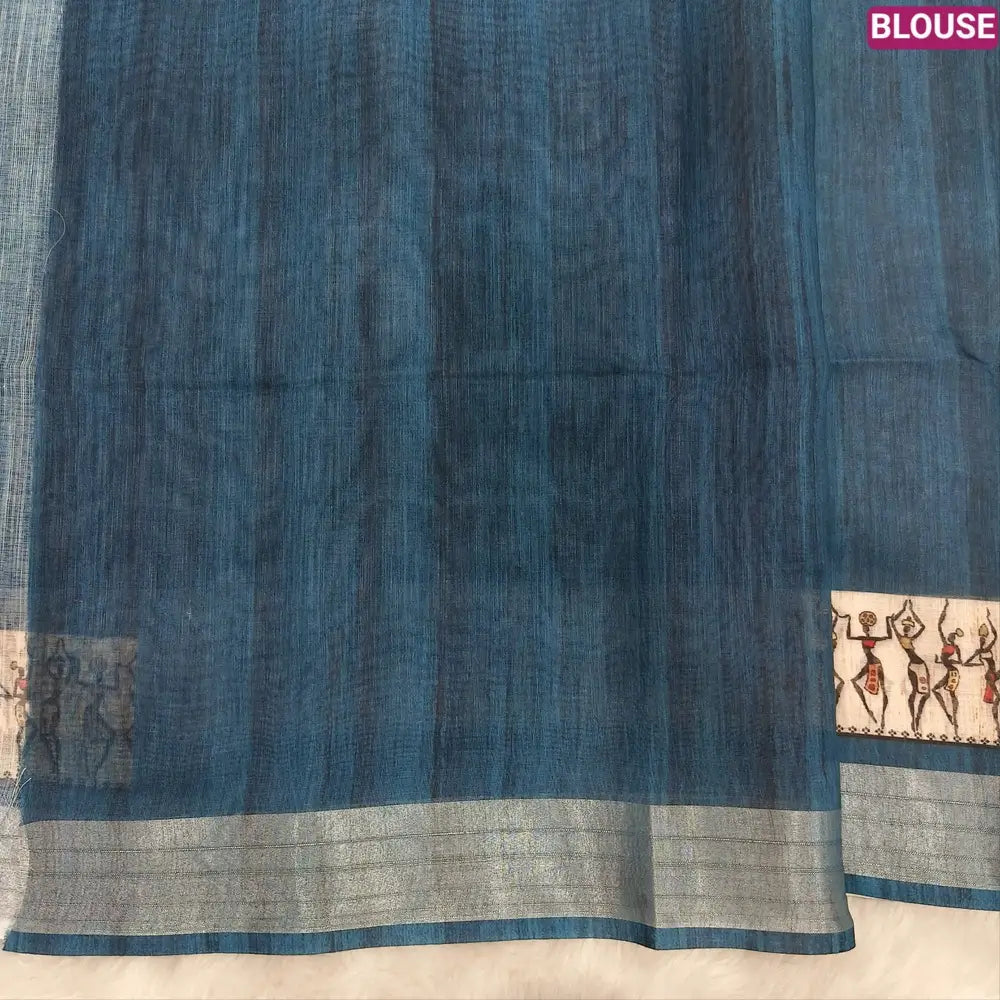 Dark teal Blue semi linen saree(thin& light weight) warli print& silver tissue on borders, warli printed pallu with tassels, plain running blouse with silver tissue borders. NS38