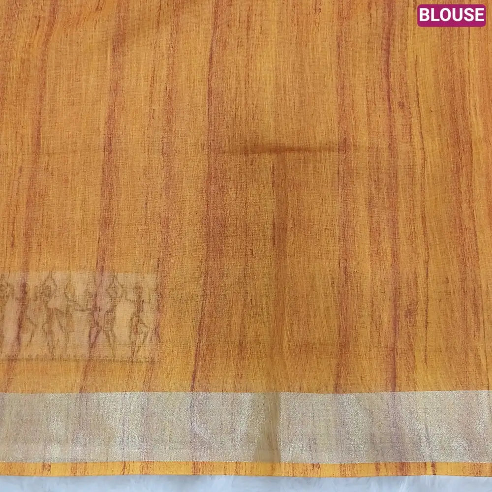 Mehandhi Yellow semi linen saree(thin& light weight) warli print& silver tissue on borders, warli printed pallu with tassels, plain running blouse with silver tissue borders. NS37